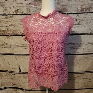 Nanette Lepore SzL Dark Pink Floral Lace Top